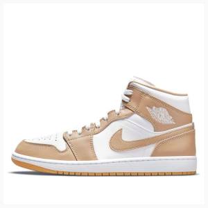 Beige / White Men's Nike Mid Tan Gum Basketball Shoes Air Jordan 1 | JD-672CJ