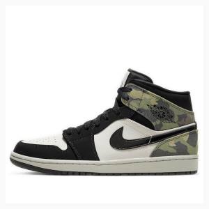 Black / White / Green Men's Nike Mid Camo Basketball Shoes Air Jordan 1 | JD-715RN