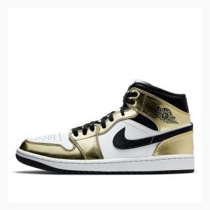 Gold / Black Men's Nike Mid SE 'Metallic Gold' Basketball Shoes Air Jordan 1 | JD-314VQ