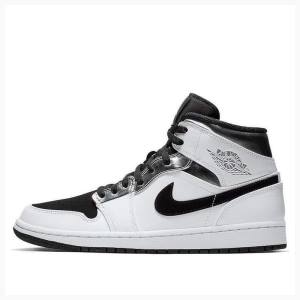 White / Black / Silver Men's Nike Mid Basketball Shoes Air Jordan 1 | JD-104FL