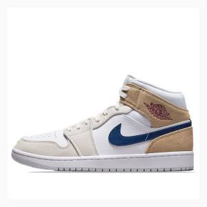 White / Blue / Beige Men's Nike Mid Basketball Shoes Air Jordan 1 | JD-642QD