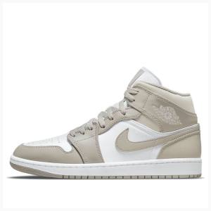 White / Brown Men's Nike Mid Linen Basketball Shoes Air Jordan 1 | JD-597DQ