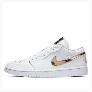 White / Gold Women's Nike Low SE Metallic Sneakers Air Jordan 1 | JD-769UG