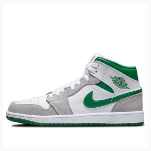 White / Grey / Green Men's Nike Mid Basketball Shoes Air Jordan 1 | JD-672JU