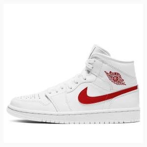 White / Red Women's Nike Mid 'White University Red' Basketball Shoes Air Jordan 1 | JD-085GL