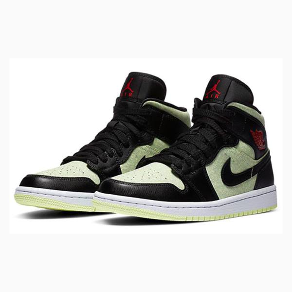 Black / Green Women's Nike Mid SE 'Black Barely Volt' Basketball Shoes Air Jordan 1 | JD-764YX