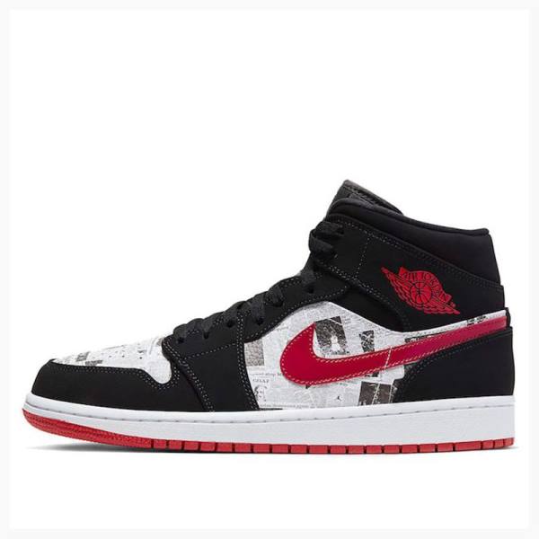 Black / White / Red Men\'s Nike Mid SE Newspaper Air Times Basketball Shoes Air Jordan 1 | JD-649AH