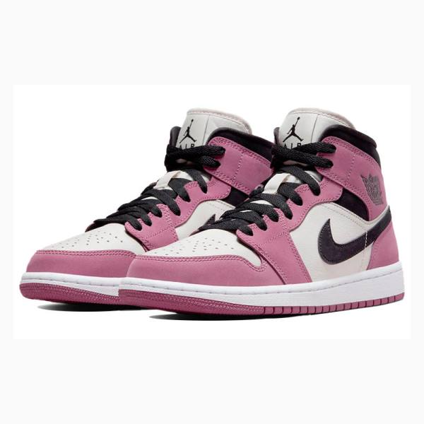 Black / White / Rose Women's Nike Mid SE Light Mulberry Basketball Shoes Air Jordan 1 | JD-318WC