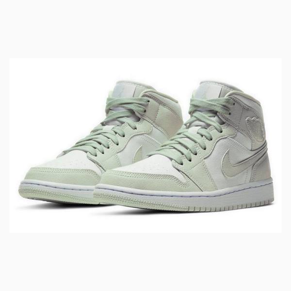 Green / White Women's Nike Mid Spruce Aura Basketball Shoes Air Jordan 1 | JD-691NO