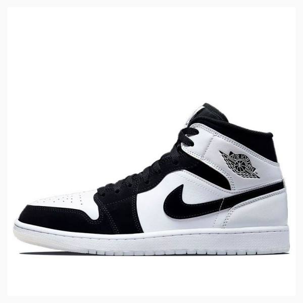 White / Black Men\'s Nike Mid Diamond Shorts Basketball Shoes Air Jordan 1 | JD-713EG