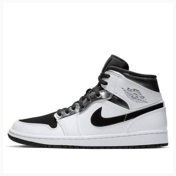 White / Black / Silver Men\'s Nike Mid Basketball Shoes Air Jordan 1 | JD-104FL