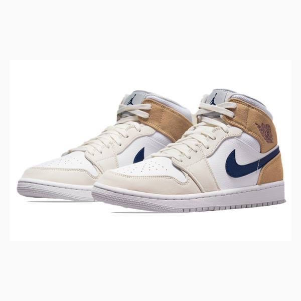 White / Blue / Beige Men's Nike Mid Basketball Shoes Air Jordan 1 | JD-642QD