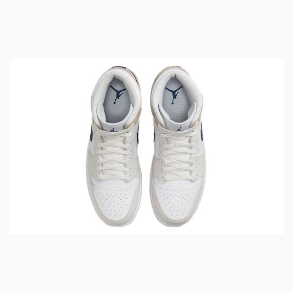 White / Blue / Beige Men's Nike Mid Basketball Shoes Air Jordan 1 | JD-642QD