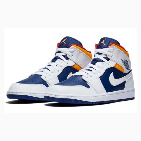 White / Blue / Orange Men's Nike Mid Basketball Shoes Air Jordan 1 | JD-893XM