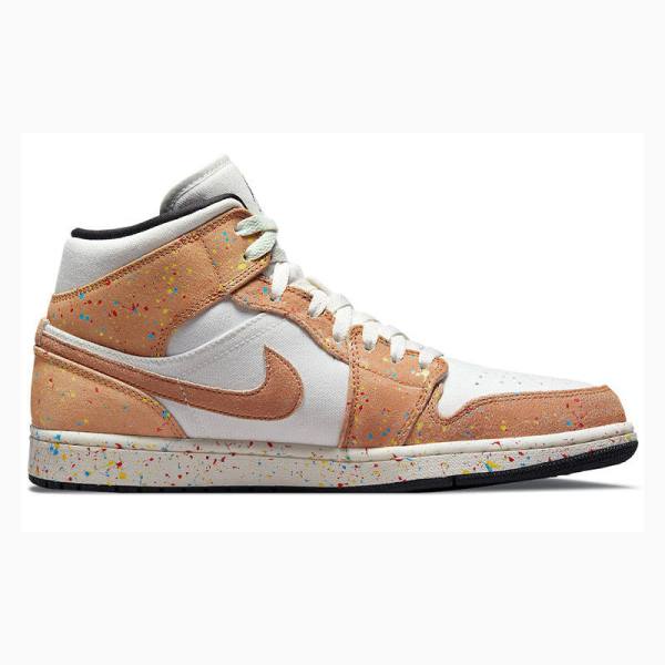 White / Brown Men's Nike Mid SE Brushstroke Basketball Shoes Air Jordan 1 | JD-984IA