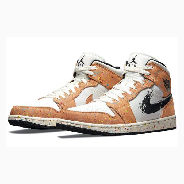 White / Brown Men's Nike Mid SE Brushstroke Basketball Shoes Air Jordan 1 | JD-984IA