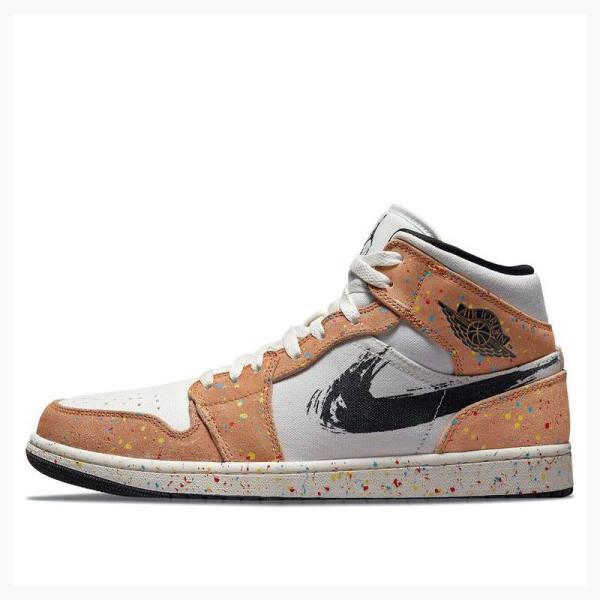 White / Brown Men\'s Nike Mid SE Brushstroke Basketball Shoes Air Jordan 1 | JD-984IA