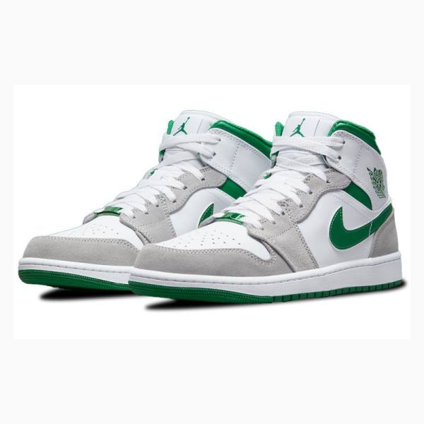 White / Grey / Green Men's Nike Mid Basketball Shoes Air Jordan 1 | JD-672JU