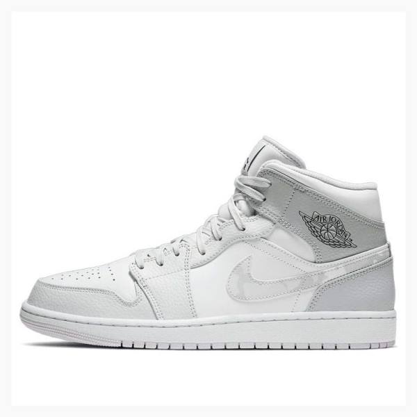 White / Grey Men\'s Nike Mid Swoosh Logo - Grey Camo Basketball Shoes Air Jordan 1 | JD-147KV