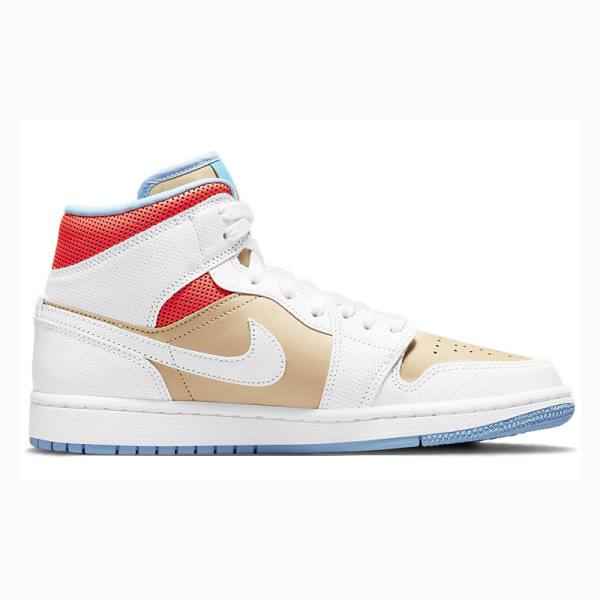 White / Red / Brown Women's Nike Mid Sesame (W) Basketball Shoes Air Jordan 1 | JD-125NQ