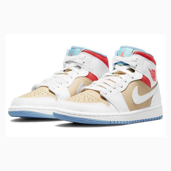 White / Red / Brown Women's Nike Mid Sesame (W) Basketball Shoes Air Jordan 1 | JD-125NQ