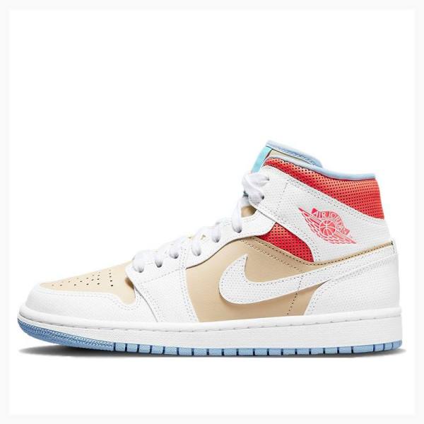 White / Red / Brown Women\'s Nike Mid Sesame (W) Basketball Shoes Air Jordan 1 | JD-125NQ