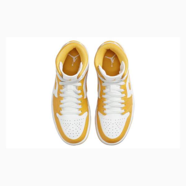 White / Yellow Women's Nike Mid Basketball Shoes Air Jordan 1 | JD-907NF